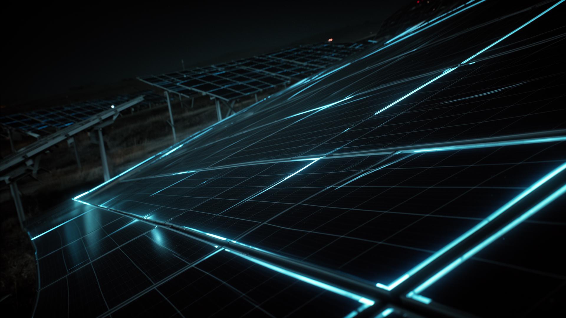 Solar array glowing with neon grid lines